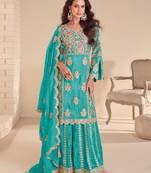 sky blue silk shimmer embroidery palazzo suit