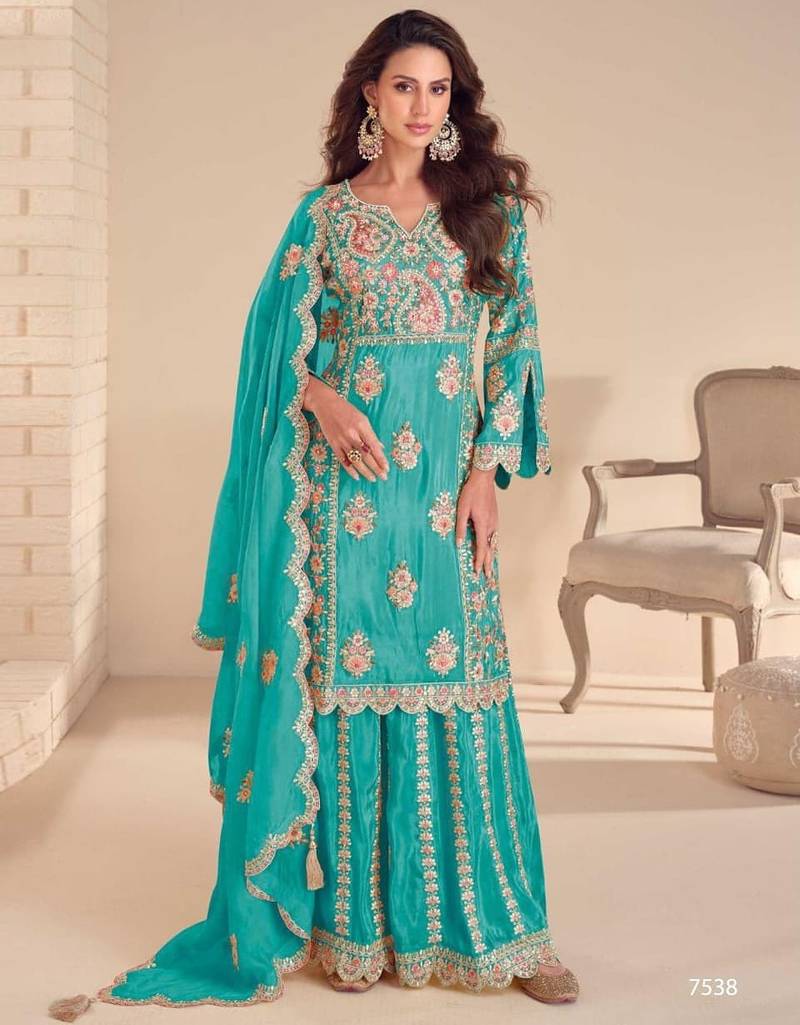 sky blue silk shimmer embroidery palazzo suit