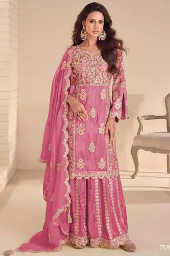 Pink real shimmer Palazzo suit - full stitched free size