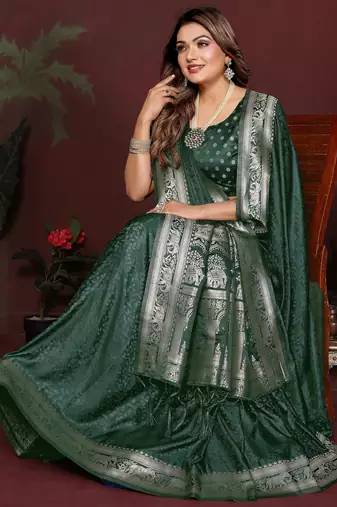 Dark Green Color Zari Woven With Hand Dyed Satin Silk Saree