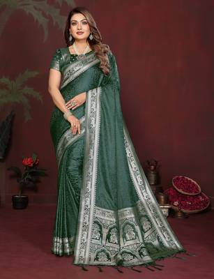 Dark Green Color Zari Woven With Hand Dyed Satin Silk Saree 3