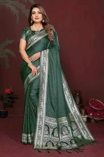Dark Green Color Zari Woven With Hand Dyed Satin Silk Saree