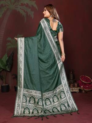Dark Green Color Zari Woven With Hand Dyed Satin Silk Saree 4