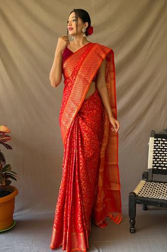 Red plain silk blend patola-saris saree with blouse