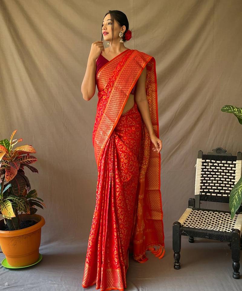 Red plain silk blend patola-saris saree with blouse
