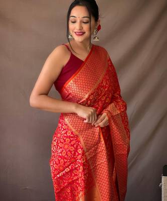 Red plain silk blend patola-saris saree with blouse 2