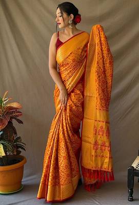Orange plain silk blend patola-saris saree with blouse 1