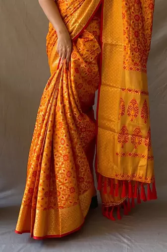 Orange plain silk blend patola-saris saree with blouse