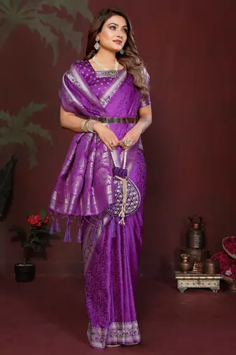 Purple Color Zari Woven With Hand Dyed Satin Silk Saree