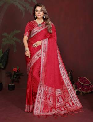 Red Color Zari Woven With Hand Dyed Satin Silk Saree 2