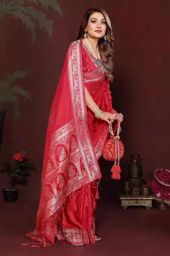 Red Color Zari Woven With Hand Dyed Satin Silk Saree