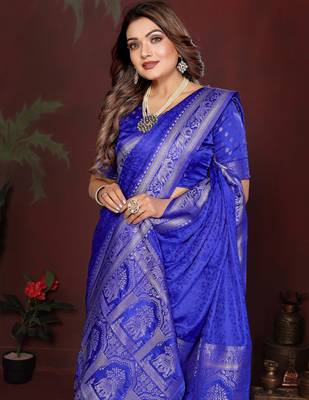 Royal Blue Color Zari Woven With Hand Dyed Satin Silk Saree 1