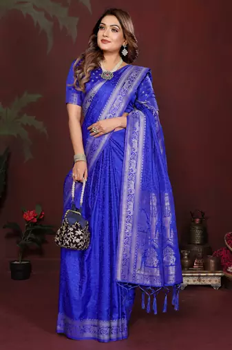 Royal Blue Color Zari Woven With Hand Dyed Satin Silk Saree
