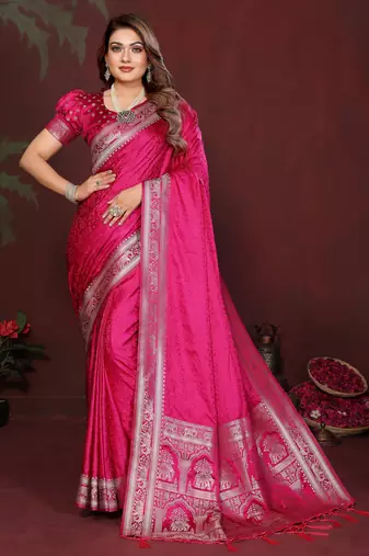 Rani Pink Color Zari Woven With Hand Dyed Satin Silk Saree