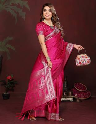 Rani Pink Color Zari Woven With Hand Dyed Satin Silk Saree 3