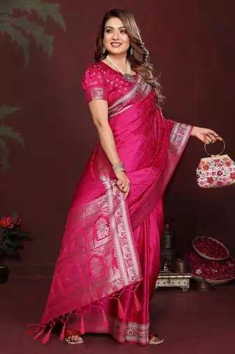 Rani Pink Color Zari Woven With Hand Dyed Satin Silk Saree
