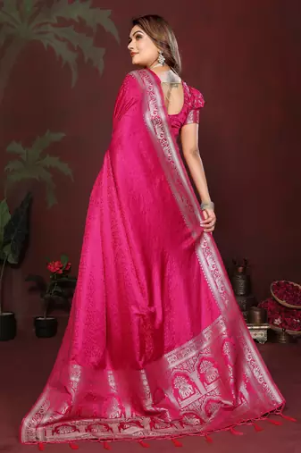Rani Pink Color Zari Woven With Hand Dyed Satin Silk Saree