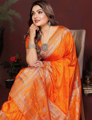 Orange Color Zari Woven With Hand Dyed Satin Silk Saree 1