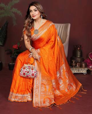Orange Color Zari Woven With Hand Dyed Satin Silk Saree 2