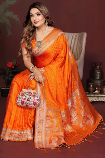 Orange Color Zari Woven With Hand Dyed Satin Silk Saree