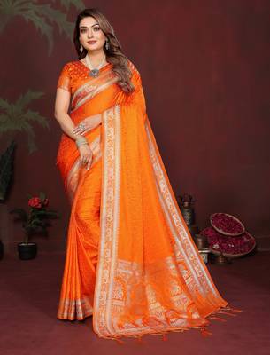 Orange Color Zari Woven With Hand Dyed Satin Silk Saree 3