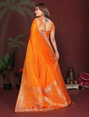 Orange Color Zari Woven With Hand Dyed Satin Silk Saree 4