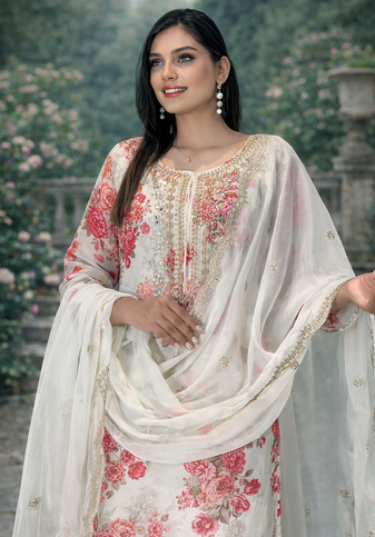 White Base Georgette Embroidery With Stone Work on Digital Print  Set Of 3