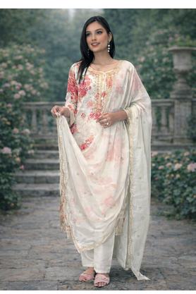 White Base Georgette Embroidery With Stone Work on Digital Print  Set Of 3 2