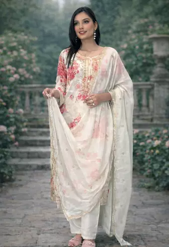 White Base Georgette Embroidery With Stone Work on Digital Print  Set Of 3