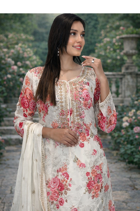 White Base Georgette Embroidery With Stone Work on Digital Print  Set Of 3 3