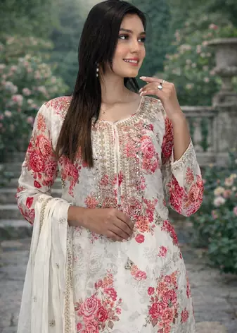 White Base Georgette Embroidery With Stone Work on Digital Print  Set Of 3