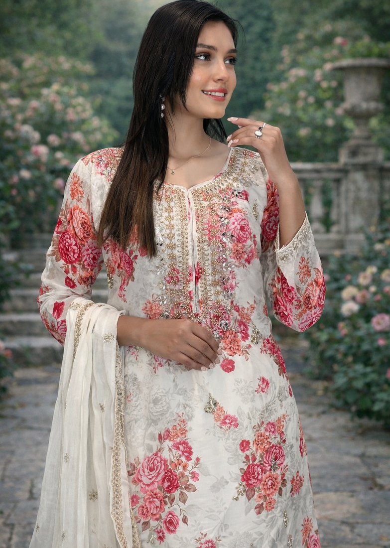 White Base Georgette Embroidery With Stone Work on Digital Print  Set Of 3