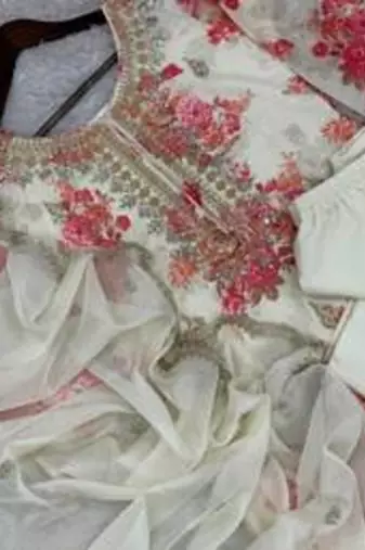 White Base Georgette Embroidery With Stone Work on Digital Print  Set Of 3
