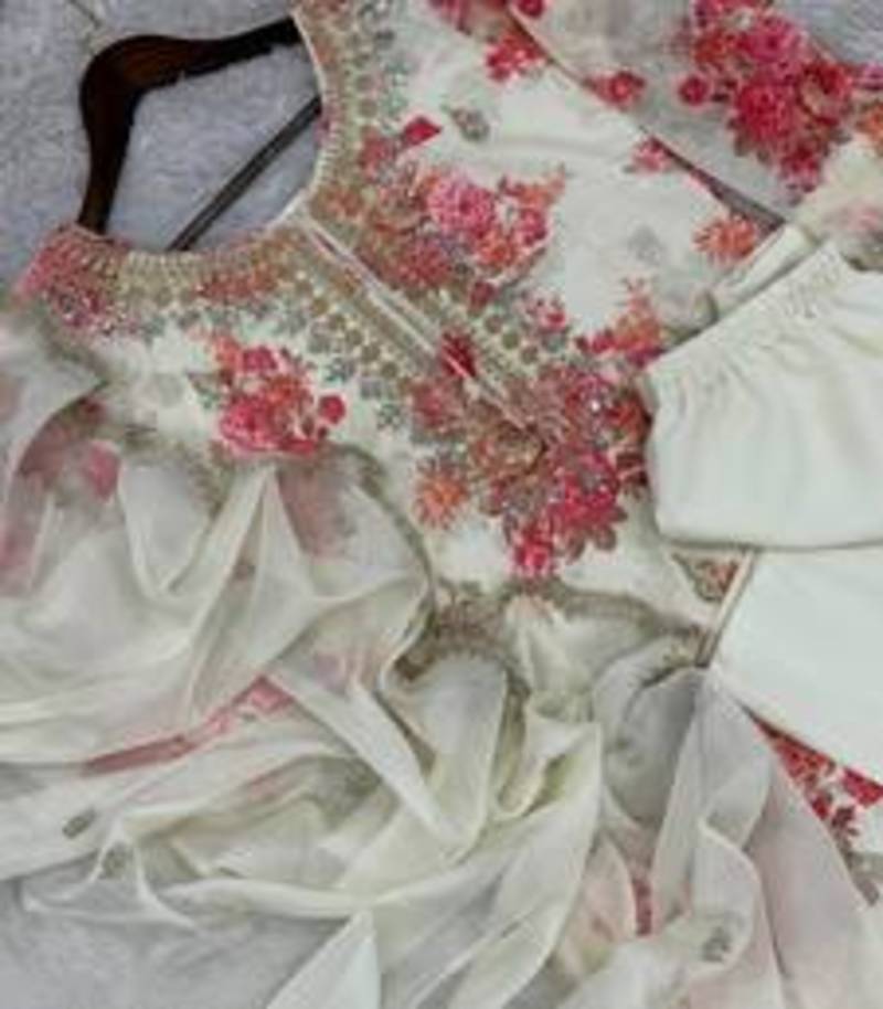 White Base Georgette Embroidery With Stone Work on Digital Print  Set Of 3