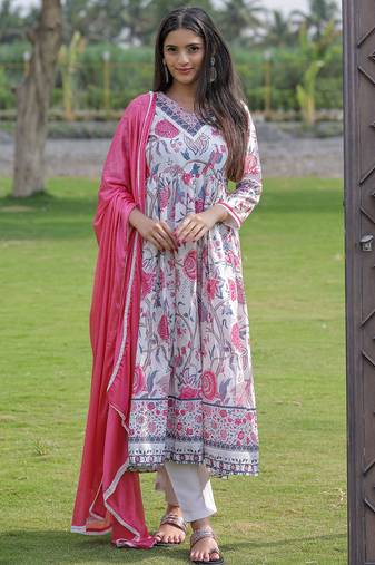 Off white rayon printed anarkali suit