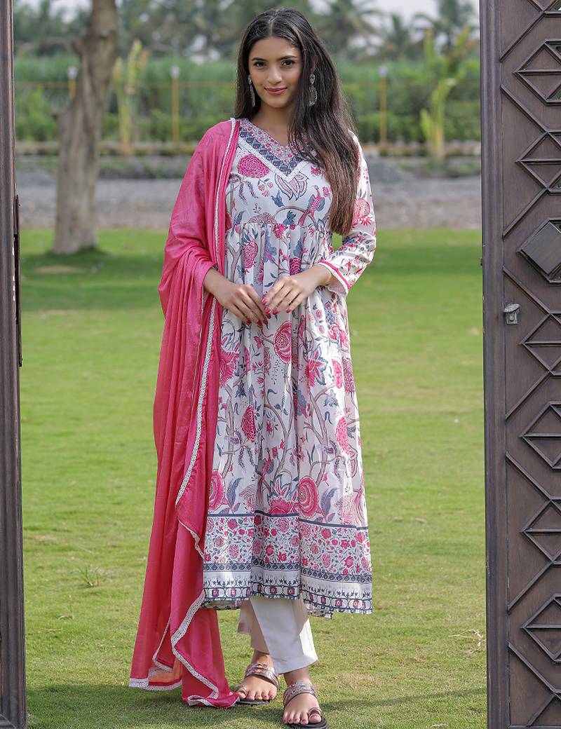 Off white rayon printed anarkali suit