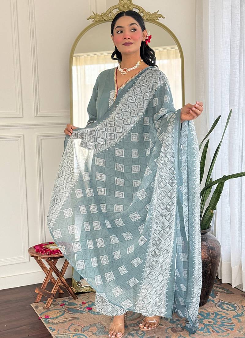 Grey rayon printed palazzo readymade set