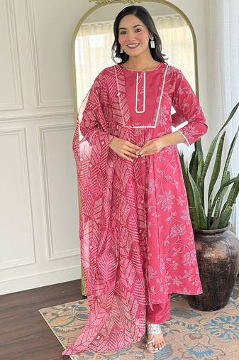 Pink color rayon printed anarkali readymade set