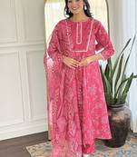 Pink color rayon printed anarkali readymade set