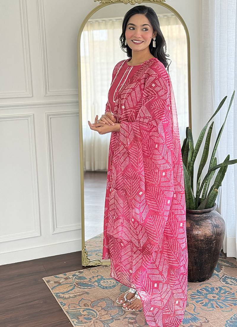 Pink color rayon printed anarkali readymade set