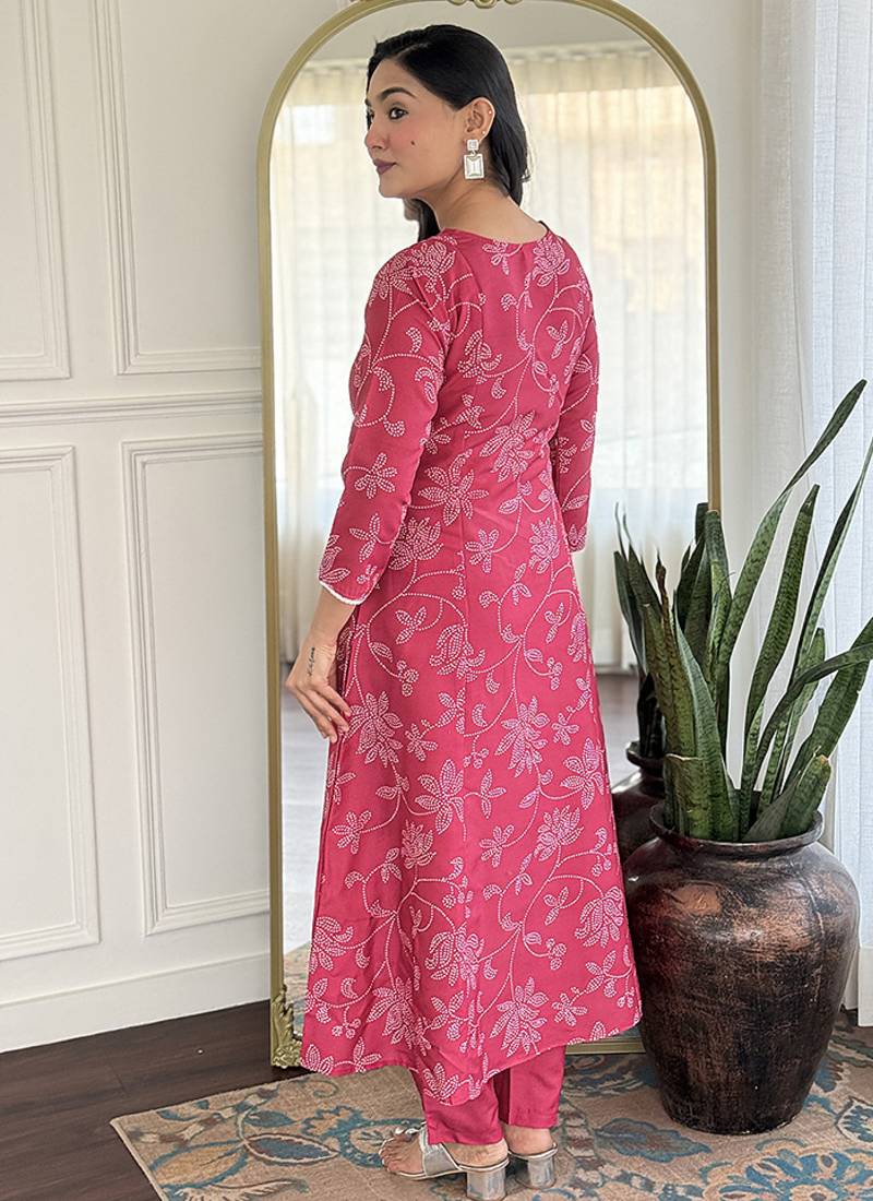 Pink color rayon printed anarkali readymade set