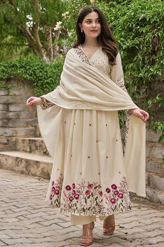 Cream color chanderi silk embroidered anarkali suit