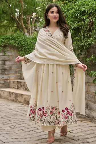 Cream color chanderi silk embroidered anarkali suit