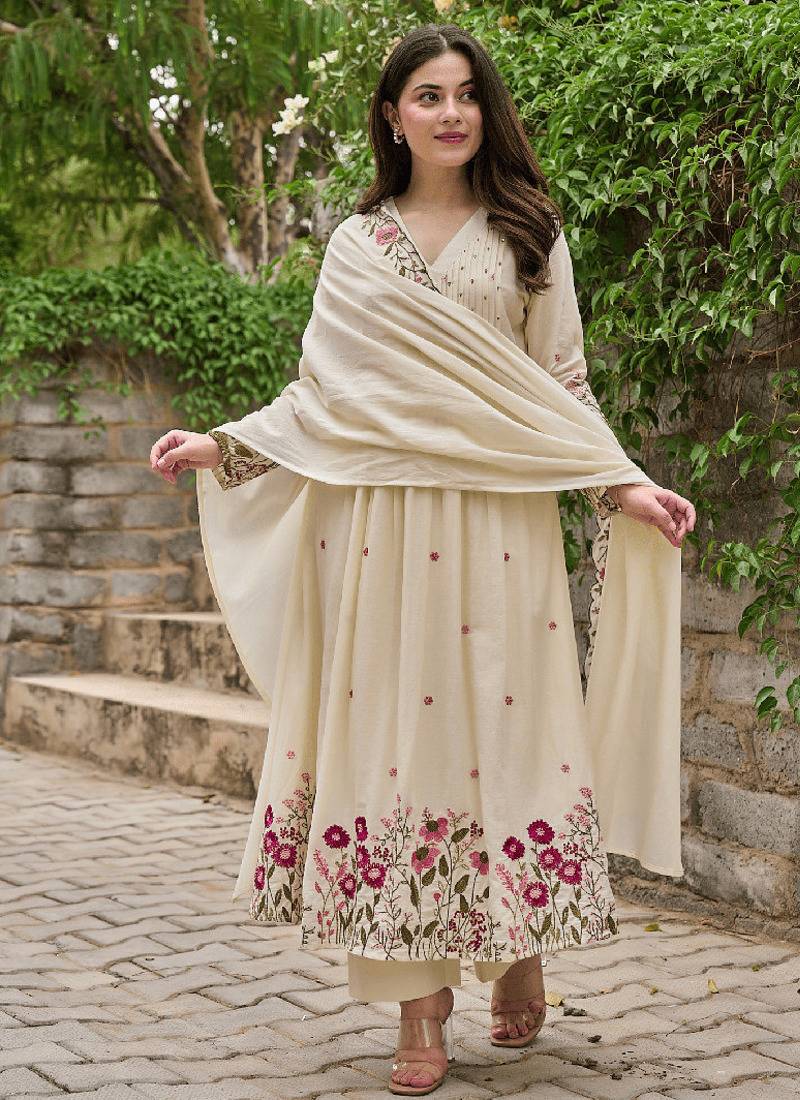 Cream color chanderi silk embroidered anarkali suit