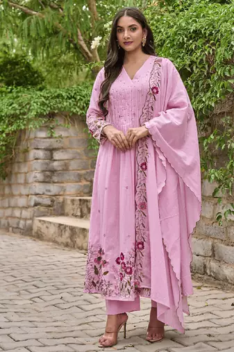 Rose pink color chanderi silk embroidered anarkali suit