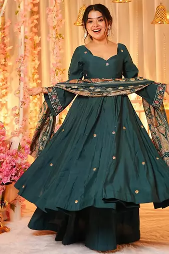 Dark green color chanderi silk anarkali suit