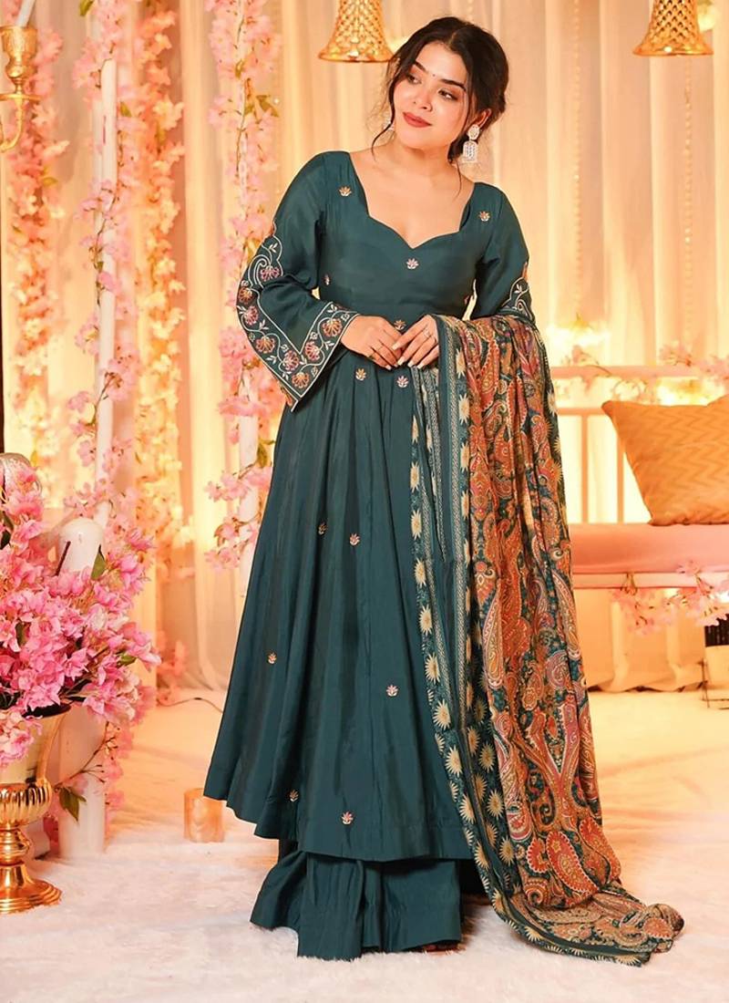Dark green color chanderi silk anarkali suit