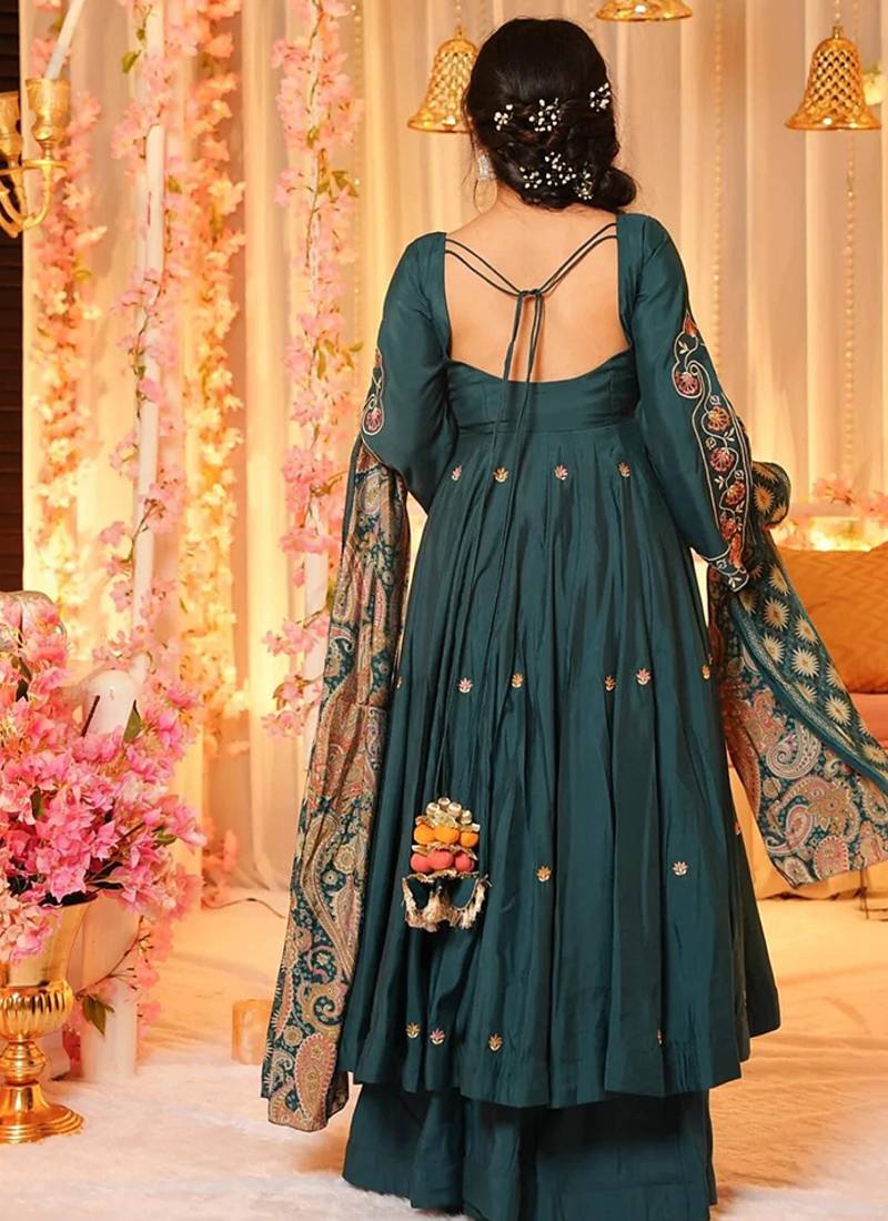 Dark green color chanderi silk anarkali suit