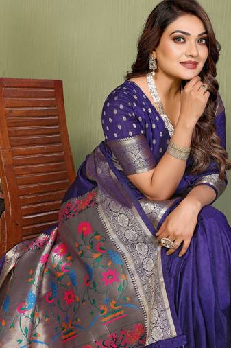 Purple Color Zari Gold & Weaving Paithani Silk Saree