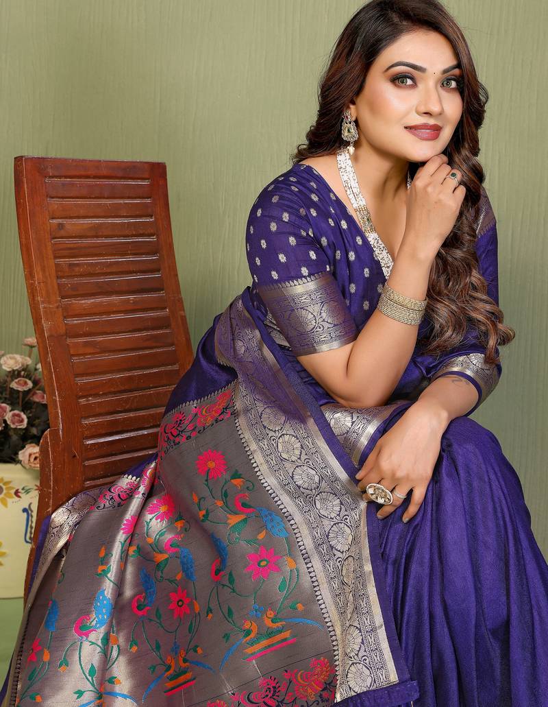 Purple Color Zari Gold & Weaving Paithani Silk Saree